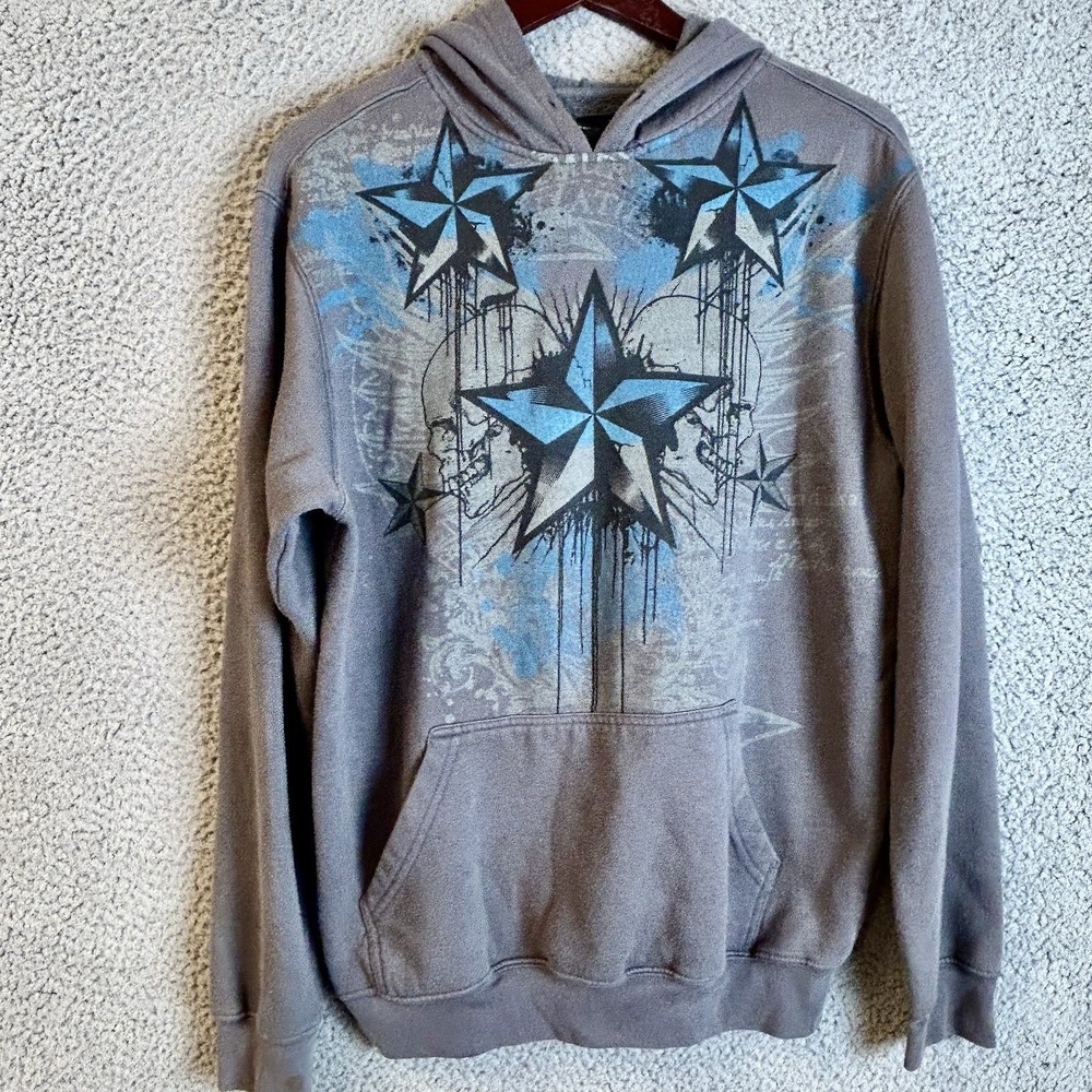 Vintage Y2K Hybrid Apparel Stars & Skulls Hoodie Men's Medium Grunge Emo Goth